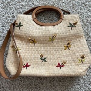 Vintage Fossil 1954 Embroidered Straw Tote Bag with Beaded Flowers